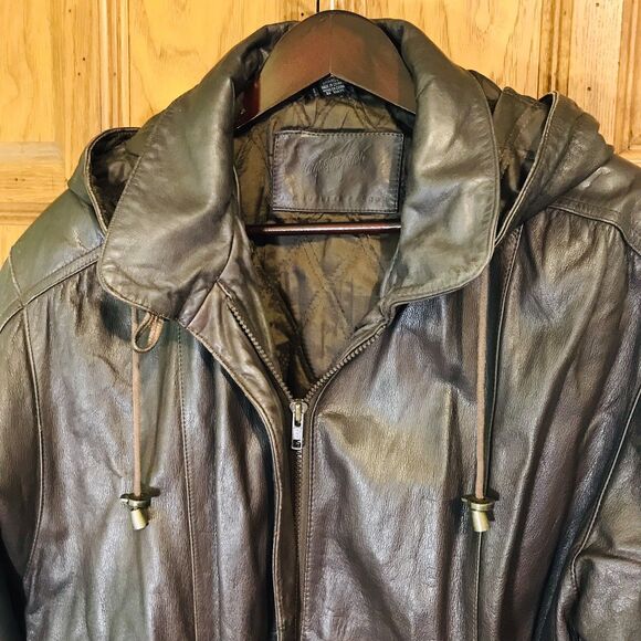 Vintage 90s Jacqueline Ferrar Soft Leather Coat Women's Large Brown Hooded Zip - Picture 1 of 13